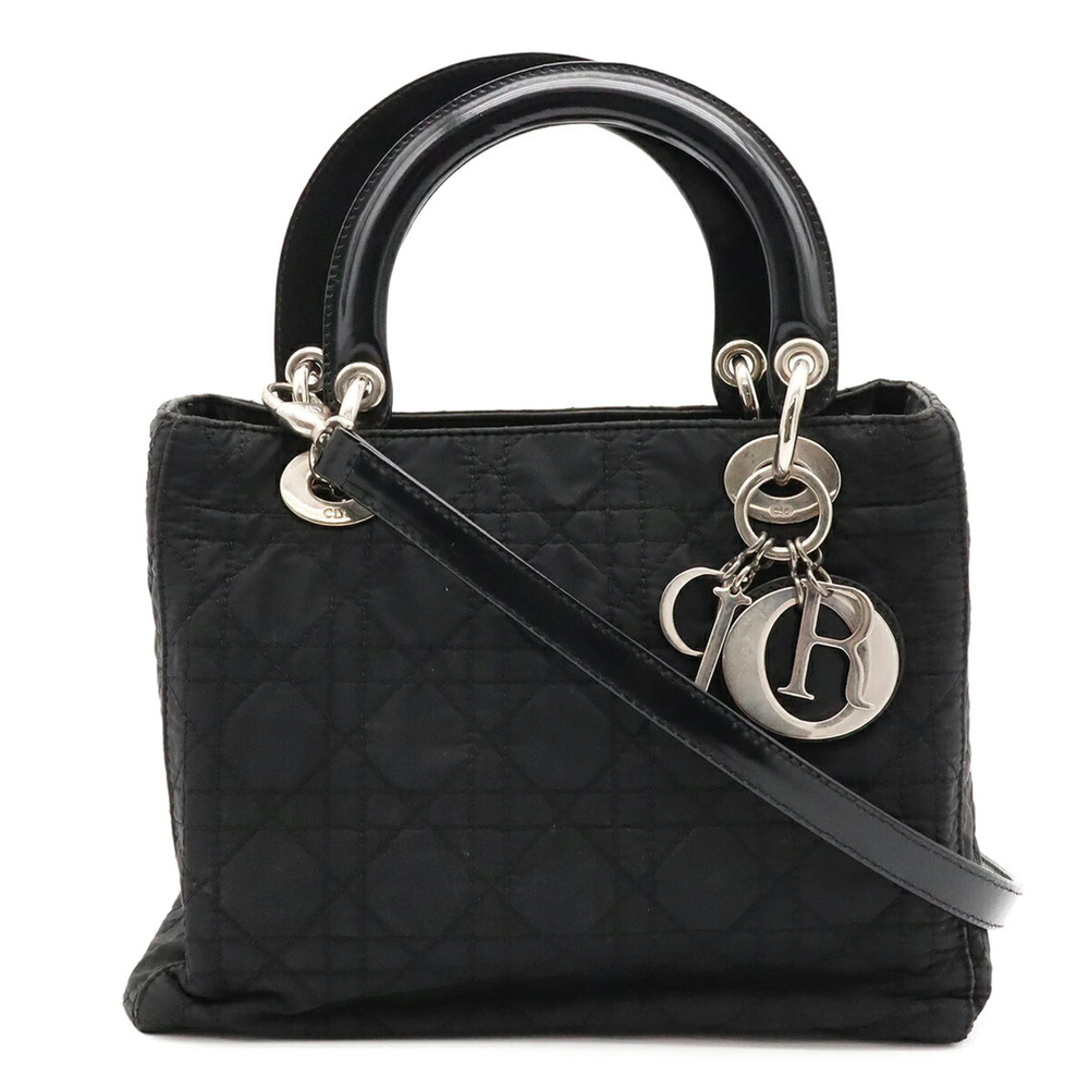 Christian Dior Lady Medium Cannage Handbag Shoulder Bag Nylon Black